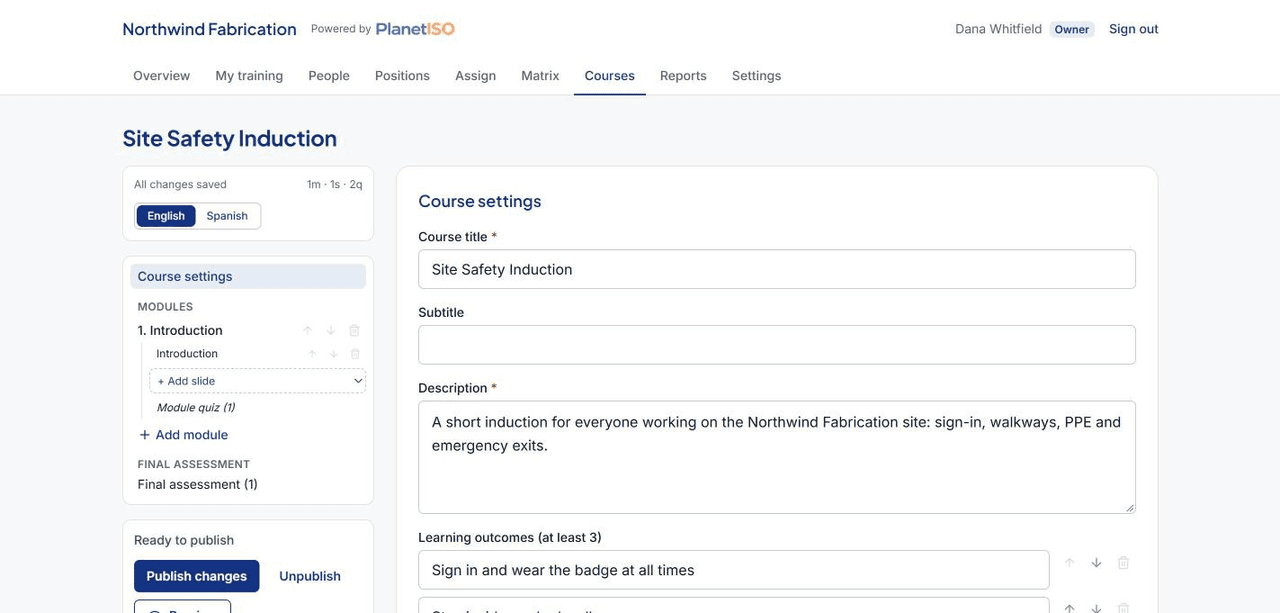 The course builder in Northwind Fabrication's portal editing a slide, with the module outline on the left and the slide editor on the right
