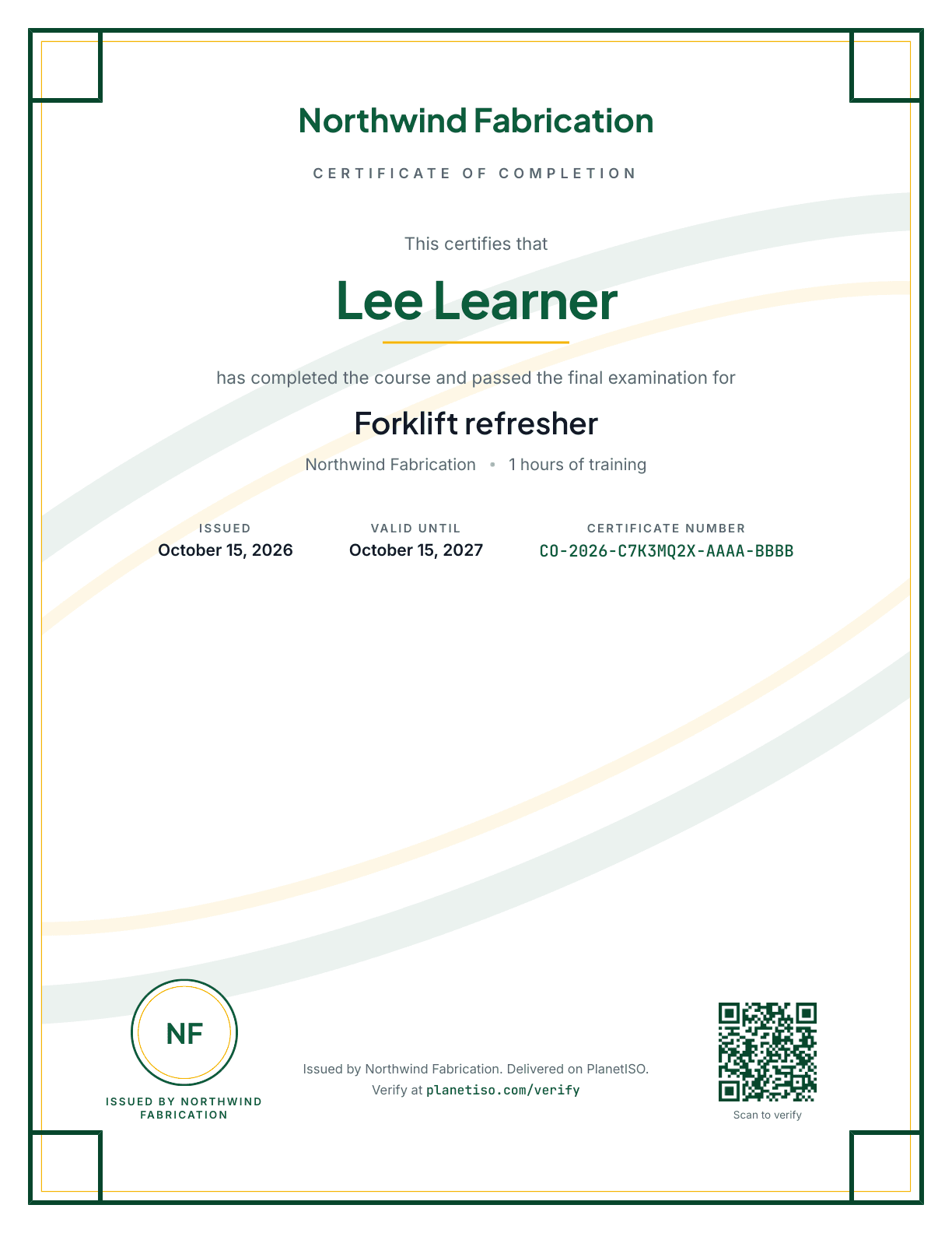 A certificate issued by Northwind Fabrication with its logo and colors, a CO- number, a QR code and the footer Issued by Northwind Fabrication, delivered on PlanetISO