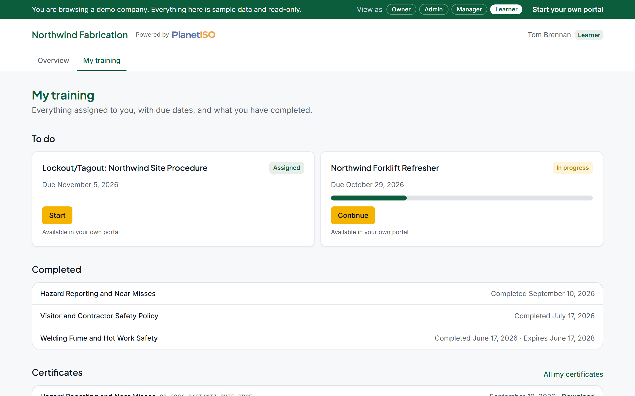 A Northwind Fabrication learner's My training page showing assigned PlanetISO courses, progress and earned certificates