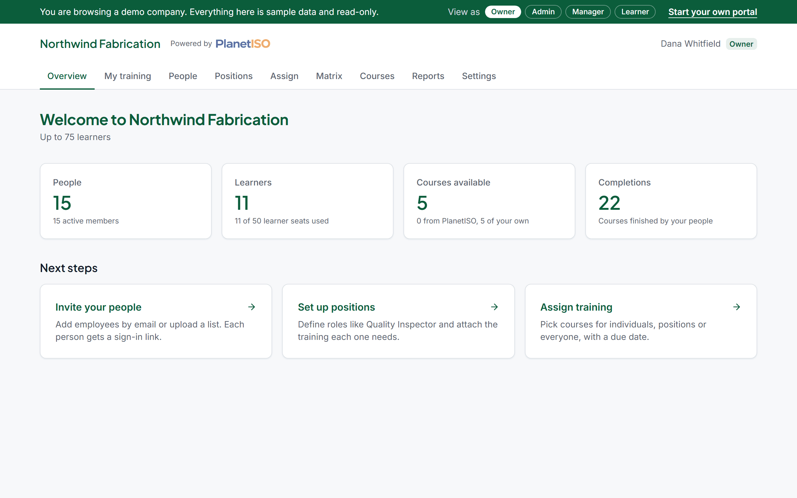 The Northwind Fabrication portal overview showing completion by position, overdue training and recent certificates